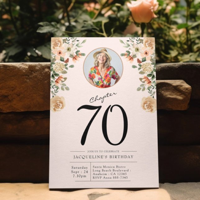 70th Birthday Floral Photo Party Invitation (Custom 70th birthday floral photo template invitation in a garden setting)
