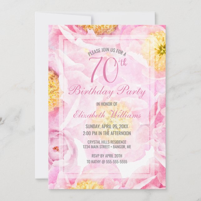 70th Birthday Floral Pink Peony Watercolor Party Invitation (Front)