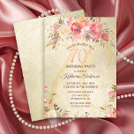 70th Birthday Floral Pink Roses Gold Shimmer Party Invitation<br><div class="desc">Invite your guests in style to a 70th birthday party with this vintage floral flat card invitation. This elegant design template features watercolor roses in shades of pink and peach with green leaves on a gold shimmering background. In the centre is a large number "70th" in modern pink typography. Below...</div>
