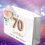 70th birthday floral rose gold eucalyptus birthday large gift bag<br><div class="desc">For an elegant and feminine 70th birthday party. A chic white background. Decorated with a rose gold and blush pink watercolored rose flower, floral, green eucalyptus leaves, sprigs, greenery and faux gold sprigs. Personalise and a name. Black and golden letters. The name is written with a modern hand lettered style...</div>