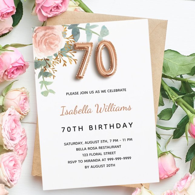 70th birthday floral rose gold eucalyptus greenery invitation (Creator Uploaded)