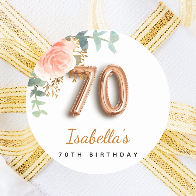 70th birthday floral rose gold eucalyptus monogram classic round sticker (Creator Uploaded)