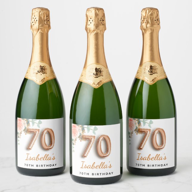 70th birthday floral rose gold eucalyptus monogram sparkling wine label (Bottles)