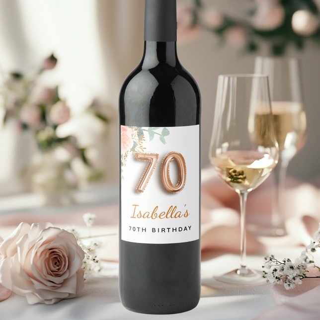 70th birthday floral rose gold eucalyptus monogram wine label (Creator Uploaded)