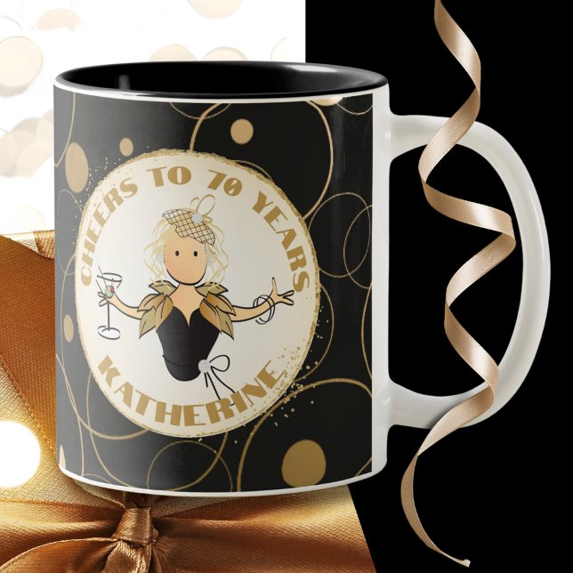 70th Birthday For Her Funny Cartoon Fab Black Gold Two-Tone Coffee Mug (Creator Uploaded)