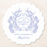 70th Birthday French Blue Floral Crest Custom Paper Coaster<br><div class="desc">An elegant French vintage blue floral crest takes centre stage on this timeless custom paper coaster. Ornate,  formal and very feminine will make any birthday lady feel very special. Coordinating party supplies are available.</div>