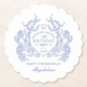 70th Birthday French Blue Floral Crest Custom Paper Coaster