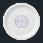 70th Birthday French Blue Floral Crest Custom Paper Plate<br><div class="desc">An elegant French vintage blue floral crest takes centre stage on this timeless custom paper plate. Ornate,  formal and very feminine will make any birthday lady feel very special. Coordinating party supplies are available.</div>