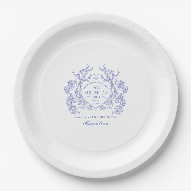 70th Birthday French Blue Floral Crest Custom Paper Plate (Front)