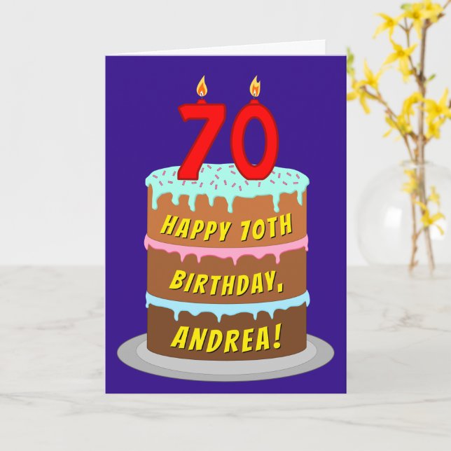70th Birthday: Fun Cake and Candles + Custom Name Card (Yellow Flower)