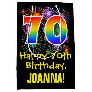70th Birthday: Fun Fireworks Pattern + Rainbow 70 Medium Gift Bag