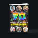 70th Birthday: Fun Rainbow #, Custom Name & Photos Card<br><div class="desc">The front of this cheerful and fun birthday themed greeting card design features the number “70“ having a vibrant rainbow spectrum inspired gradient pattern, along with the message “HAPPY 70th BIRTHDAY, ” and a customisable name, on a multicolored bursting fireworks inspired pattern. Near the top and the bottom of the...</div>