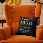 70th Birthday Gift Personalized 1956 Black Gold Cushion<br><div class="desc">Celebrate a remarkable milestone with this elegant and modern Personalized 70th Birthday Throw Pillow, the perfect gift for someone born in 1956 This custom accent pillow features the striking, bold text "BORN 1956", for that person loved for 70 years (and counting) and allows you to add a custom name (e.g.,...</div>