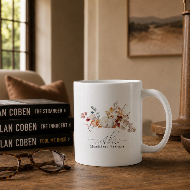 70th Birthday Gift White Pumpkin Fall Flowers Coffee Mug (Creator Uploaded)