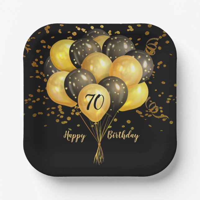 70th Birthday Gold And Black Balloons Glitter  Nap Paper Plate (Front)