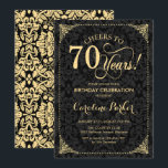 70th Birthday - Gold Black Damask Invitation<br><div class="desc">70th Birthday Invitation
Elegant vintage black and faux gold design with damask pattern. Features script font. Cheers to 70 years! Can be personalized into any age! Message me if you need further customization.</div>