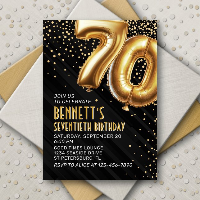 70th Birthday Gold Black Invitation (Creator Uploaded)
