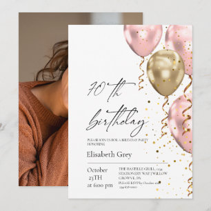 70th Birthday Gold Blush Pink Balloons Modern Invitation