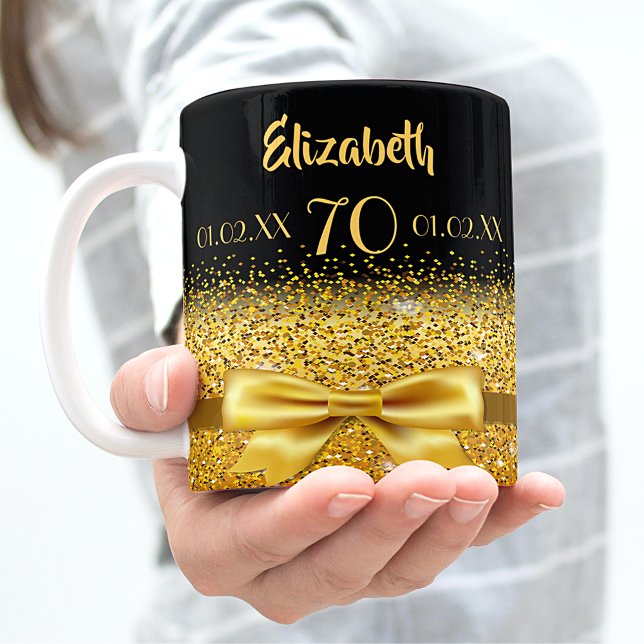 70th birthday gold bow black name age coffee mug (Creator Uploaded)