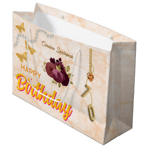 70th Birthday & Gold Foil Balloon, Burgundy Roses Large Gift Bag