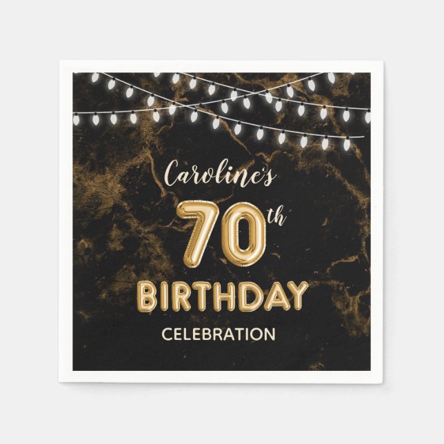 70th Birthday Gold Foil Balloons & String Lights Napkin (Front)