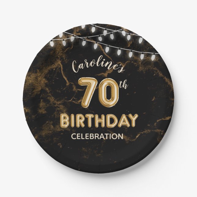 70th Birthday Gold Foil Balloons & String Lights Paper Plate (Front)