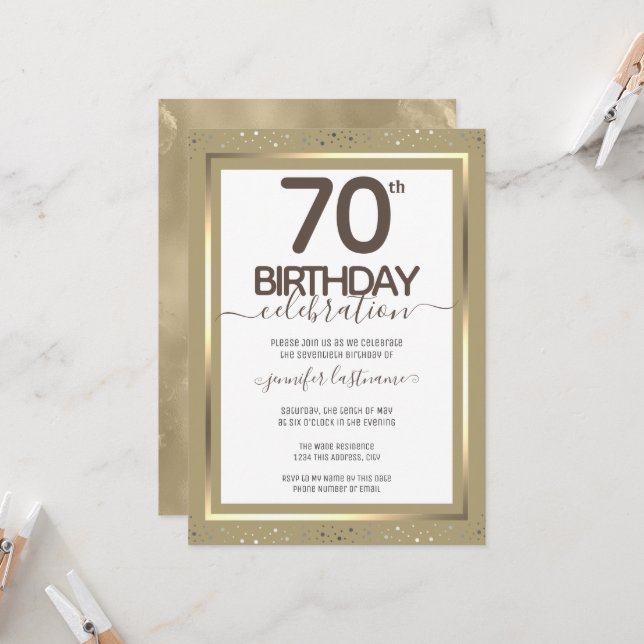 70th Birthday Gold Formal Invitation (Front/Back In Situ)