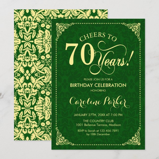 70th Birthday - Gold Green Damask Invitation (Front/Back)