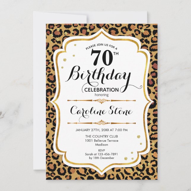 70th Birthday - Gold Leopard Print Invitation (Front)