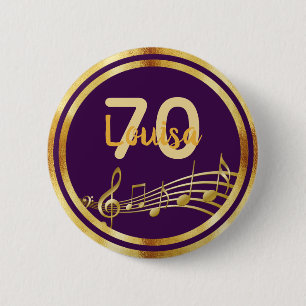 70th birthday gold music notes on stylish purple 6 cm round badge