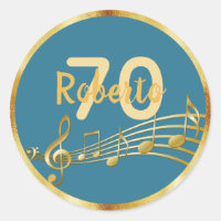 70th birthday gold music notes teal blue green