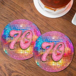 70th Birthday Gold Pink Glitter Dancing Disco Ball Round Paper Coaster
