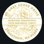 70th Birthday Gold Rose Return Address Label<br><div class="desc">Add a special touch to all your 70th Birthday invitation envelopes with this elegant round design. It features a bouquet of gold roses in the centre. Open line art gives it a vintage botanical vibe. The birthday celebrant's name and 70th birthday party are written across the centre on a white...</div>