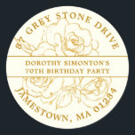 70th Birthday Gold Rose Return Address Label<br><div class="desc">Add a special touch to all your 70th Birthday invitation envelopes with this elegant round design. It features a bouquet of gold roses in the centre. Open line art gives it a vintage botanical vibe. The birthday celebrant's name and 70th birthday party are written across the centre on a white...</div>