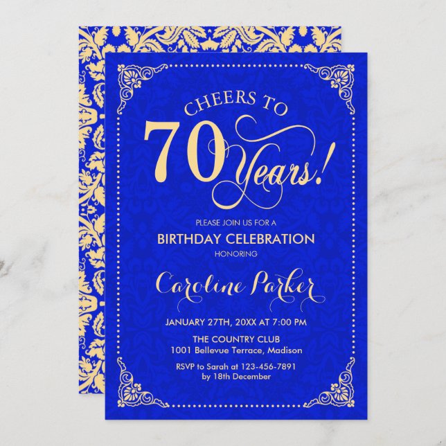 70th Birthday - Gold Royal Blue Damask Invitation (Front/Back)