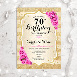 70th Birthday - Gold Stripes Pink Roses Invitation<br><div class="desc">70th Birthday Invitation. Elegant design in gold and pink. Features faux glitter gold stripes,  pink roses stylish script font and confetti. Perfect for a glam birthday party.</div>