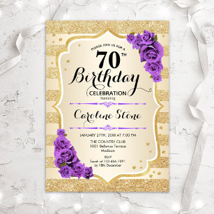 70th Birthday - Gold Stripes Purple Roses Invitation