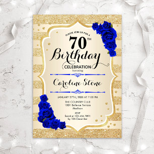 70th Birthday - Gold Stripes Royal Blue Roses Invitation