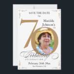 70th Birthday Gold White Save The Date Custom Invitation<br><div class="desc">70th Birthday Gold White Save The Date Custom Invitation. And elegantly designed special birthday celebration save the date,  featuring a custom photo of birthday person and script calligraphy with vintage flourish elements. Simple enough to fit a variety of themes and colours!
Need help? Simply contact me!</div>