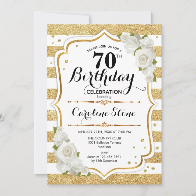 70th Birthday - Gold White Stripes Roses Invitation (Front)