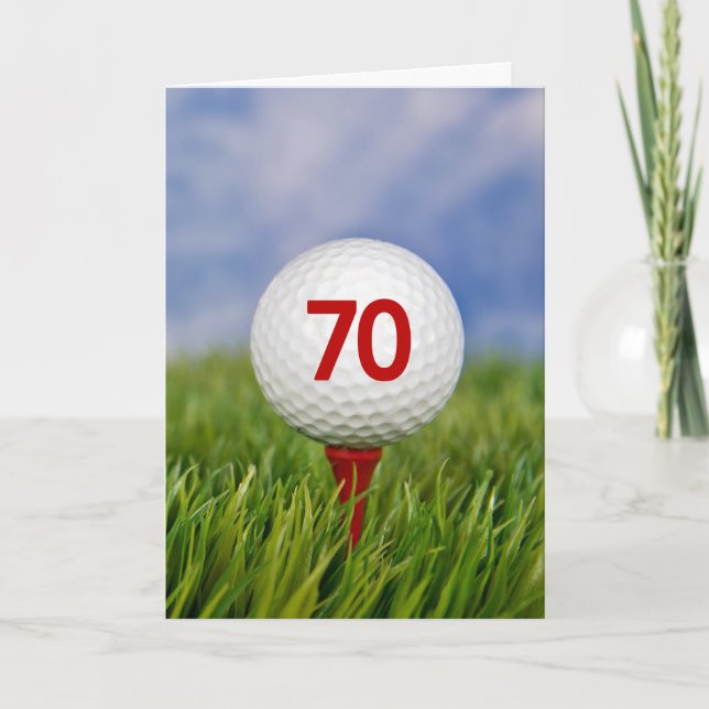 70th Birthday Golf Ball on Red Tee  Card (Front)