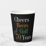 70th Birthday Golf Cheers Beers Black Gold Party Paper Cups<br><div class="desc">This is a cool and modern, 70th birthday, golf party design. It is a simple, minimal design, in classic black and gold typography with pops of orange and green. Perfect for a cool and fun, golf and beer themed, 70th birthday party. This design is fully customisable, simply use the personalise...</div>