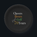 70th Birthday Golf Cheers Beers Black Gold Party Paper Plate<br><div class="desc">This is a cool and modern, 70th birthday, golf party design. It is a simple, minimal design, in classic black and gold typography with pops of orange and green. Perfect for a cool and fun, golf and beer themed, 70th birthday party. This design is fully customisable, simply use the personalise...</div>