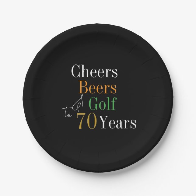 70th Birthday Golf Cheers Beers Black Gold Party Paper Plate (Front)