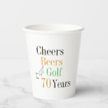70th Birthday Golf Cheers Beers Party Paper Cups<br><div class="desc">This is a cool and modern, 70th birthday, golf party design. It is a simple, minimal design, in classic black and white with pops of gold, orange and green typography. Perfect for a cool and fun, golf and beer themed, 70th birthday party. This design is fully customisable, simply use the...</div>