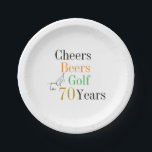 70th Birthday Golf Cheers Beers Party Paper Plate<br><div class="desc">This is a cool and modern, 70th birthday, golf party design. It is a simple, minimal design, in classic black and white, with pops of gold, orange and green typography. Perfect for a cool and fun, golf and beer themed, 70th birthday party. This design is fully customisable, simply use the...</div>