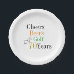 70th Birthday Golf Cheers Beers Party Paper Plate<br><div class="desc">This is a cool and modern, 70th birthday, golf party design. It is a simple, minimal design, in classic black and white, with pops of gold, orange and green typography. Perfect for a cool and fun, golf and beer themed, 70th birthday party. This design is fully customisable, simply use the...</div>