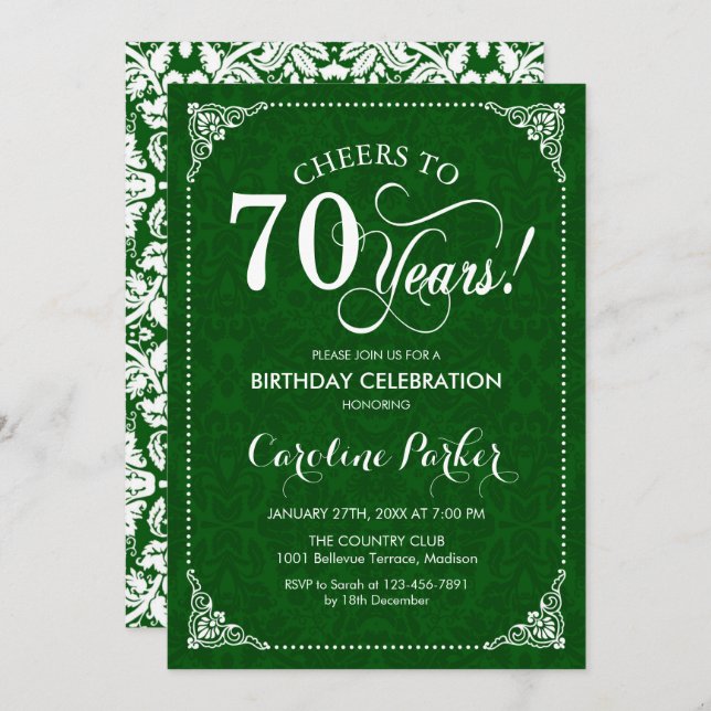 70th Birthday - Green Damask Invitation (Front/Back)
