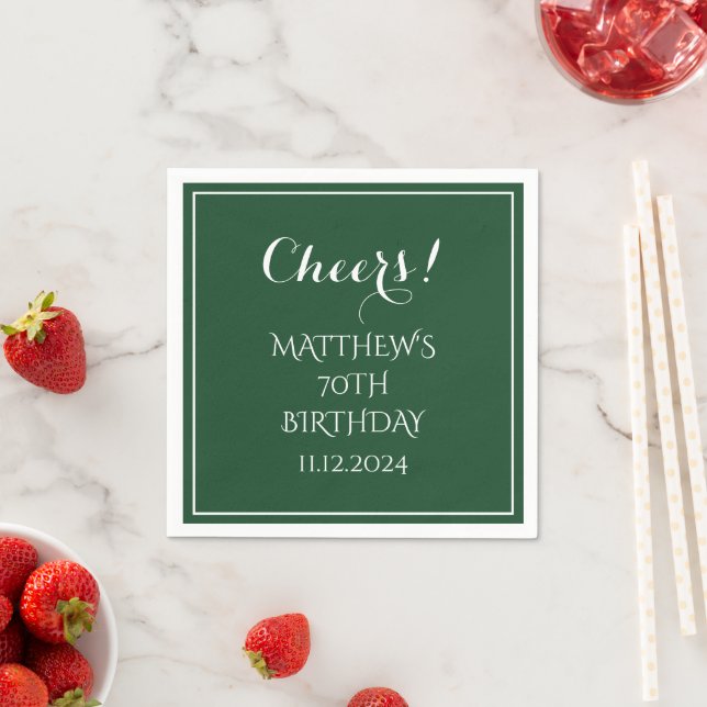 70th Birthday Green Elegant Script Cheers Napkin (Insitu)