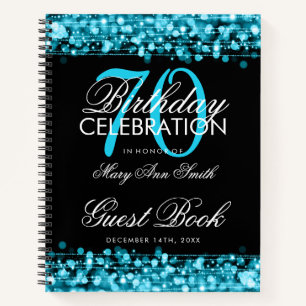 70th Birthday Guestbook Party Sparkles Teal Blue Notebook